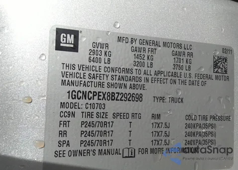 2011 Chevrolet Silverado 1500 Work Truck from USA, damaged, VIN 1GCNCPEX8BZ292698